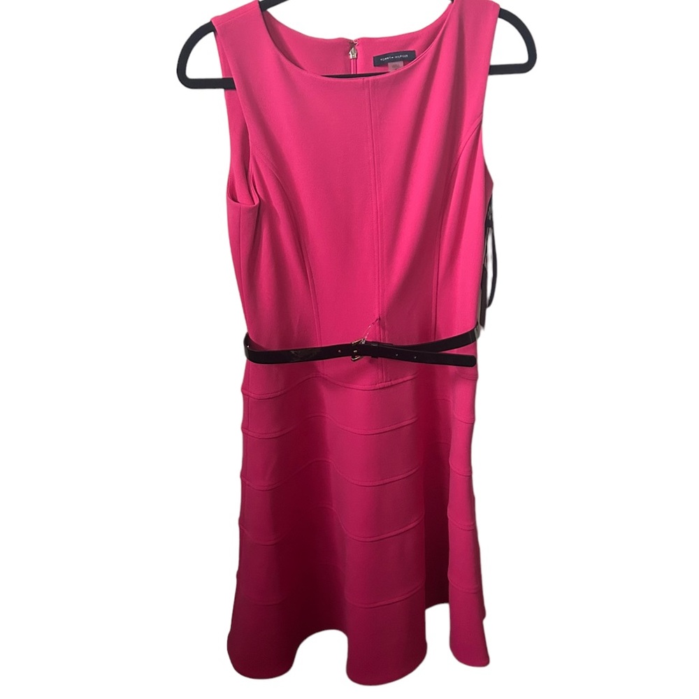 Tommy Hilfiger Hot Pink Black Belted Size 8 Fit & Flare Sleeveless Dress.
